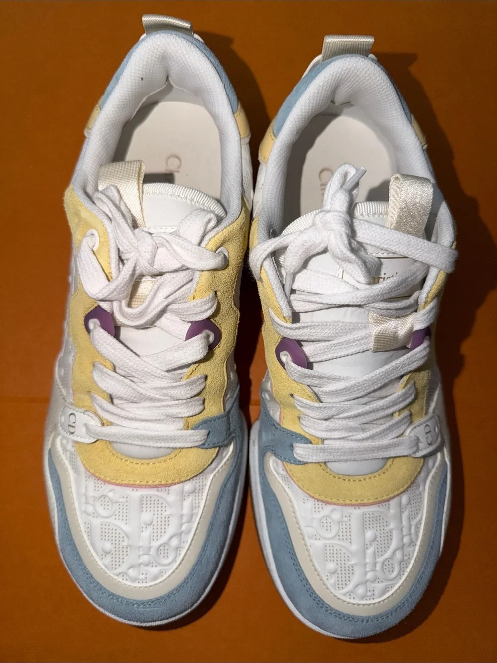 Dior Women's White Sneakers with Pastel Yellow, Blue & Purple Accents